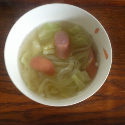 ソーセージの旨味と新玉ねぎとキャベツの甘みでとても美味しいスープでした。簡単に野菜が美味しくとれていいですね。ご馳走様でした(*^_^*)